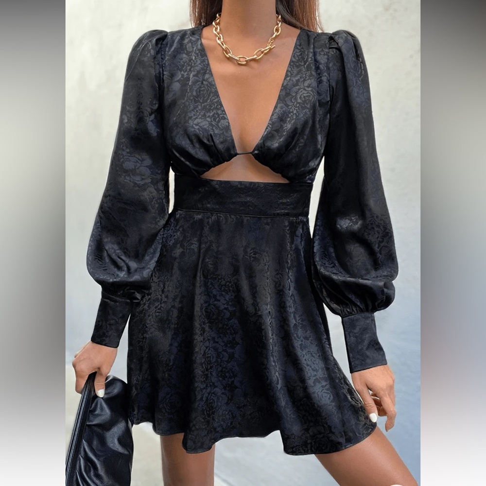 Elegant Black Dress with Puff Sleeves by Seven Wonders